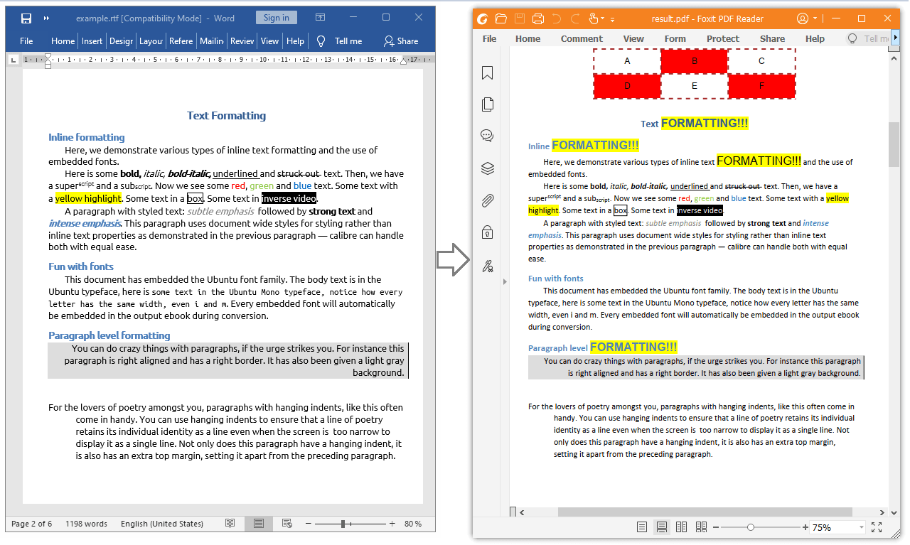 Convert RTF bytes to PDF file with formatting